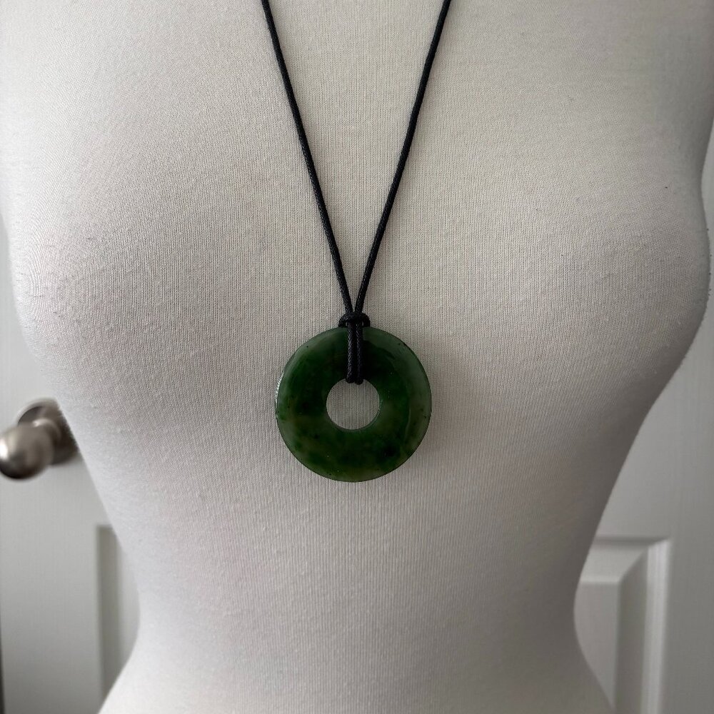 Green Jade Donut Pendant on Black Cord